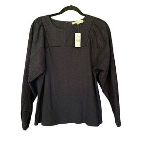 Loft Navy Blue‎ Embroidered Cotton Blouse With Balloon Sleeves S